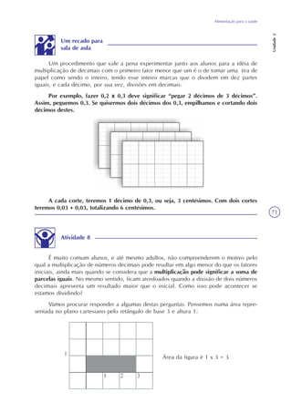 Alimentação para a saúde
Unidade2
71
Um procedimento que vale a pena experimentar junto aos alunos para a idéia de
multiplicação de decimais com o primeiro fator menor que um é o de tomar uma tira de
papel como sendo o inteiro, tendo esse inteiro marcas que o dividem em dez partes
iguais, e cada décimo, por sua vez, divisões em decimais.
Por exemplo, fazer 0,2 x 0,3 deve significar “pegar 2 décimos de 3 décimos”.
Assim, peguemos 0,3. Se quisermos dois décimos dos 0,3, empilhamos e cortando dois
décimos destes.
A cada corte, teremos 1 décimo de 0,3, ou seja, 3 centésimos. Com dois cortes
teremos 0,03 + 0,03, totalizando 6 centésimos.
Atividade 8
É muito comum alunos, e até mesmo adultos, não compreenderem o motivo pelo
qual a multiplicação de números decimais pode resultar em algo menor do que os fatores
iniciais, ainda mais quando se considera que a multiplicação pode significar a soma de
parcelas iguais. No mesmo sentido, ficam atordoados quando a divisão de dois números
decimais apresenta um resultado maior que o inicial. Como isso pode acontecer se
estamos dividindo?
Vamos procurar responder a algumas destas perguntas. Pensemos numa área repre-
sentada no plano cartesiano pelo retângulo de base 3 e altura 1:
Área da figura é 1 x 3 = 3
Um recado para
sala de aula
 