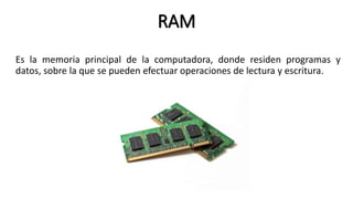 RAM
Es la memoria principal de la computadora, donde residen programas y
datos, sobre la que se pueden efectuar operaciones de lectura y escritura.
 