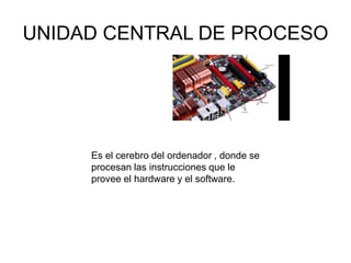 UNIDAD CENTRAL DE PROCESO
Es el cerebro del ordenador , donde se
procesan las instrucciones que le
provee el hardware y el software.
 