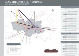 BELO HORIZONTE
ITABIRITO
OURO PRETO
MARIANA
DIOGO DE
VASCONCELOS
PONTE NOVA
VIÇOSA
RIO DE JANEIRO
BARBACENAOURO BRANCO
CONSELHEIRO LAFAIETE
SÃO PAULO
BRASÍLIA
CARATINGA
ITABIRA
VITÓRIA
UBÁ
VIAGENS INTRAMUNICIPAIS DE ÔNIBUS – Base Cartográfica:
Mapa Cadastral. UTM zone 235, SIRGAS 2000. Modificado pelo
grupo, 2019
LEGENDA
ENTRE 11 E 20 VIAGENS POR SEMANA
MAIS DE 20 VIAGENS POR SEMANA
ENTRE 1 E 10 VIAGENS POR SEMANA
LINHAS EM RELAÇÃO A ITABIRITO
LINHAS EM RELAÇÃO A OURO PRETO
LINHAS EM RELAÇÃO A DIOGO DE VASCONCELOS
LINHAS EM RELAÇÃO A MARIANA
LIMITE MUNICIPAL
MICRORREGIÃO DE OURO PRETO
N
OURO PRETO
Ouro Preto/ Itabirito: 40 horários de rotas semanais de segunda a sexta.
14 horários de rotas semanais de sábado a domingo.
Ouro Preto/Barbacena: 1 horários de rotas semanais de segunda a sexta.
Ouro Preto/Conselheiro Lafaiete: 6 horários de rotas semanais de segunda a sexta.
4 horários de rotas semanais de sábado a domingo.
Ouro Preto/São Paulo: 5 horários de rotas semanais de segunda a sexta.
2 horários de rotas semanais de sábado a domingo.
Ouro Preto/Brasília: 5 horários de rotas semanais de segunda a sexta.
2 horários de rotas semanais de sábado a domingo.
Ouro Preto/Belo Horizonte: 70 horários de rotas semanais de segunda a sexta.
30 horários de rotas semanais de sábado a domingo.
Ouro Preto/Caratinga: 5 horários de rotas semanais de segunda a sexta.
2 horários de rotas semanais de sábado a domingo.
Ouro Preto/Itabira: 5 horários de rotas semanais de segunda a sexta.
2 horários de rotas semanais de sábado a domingo.
Ouro Preto/Vitória: 5 horários de rotas semanais de segunda a sexta.
2 horários de rotas semanais de sábado a domingo.
Ouro Preto/Ponte Nova: 5 horários de rotas semanais de segunda a sexta.
2 horários de rotas semanais de sábado a domingo.
Ouro Preto/Viçosa: 25 horários de rotas semanais de segunda a sexta.
10 horários de rotas semanais de sábado a domingo.
Ouro Preto/Ubá: 5 horários de rotas semanais de segunda a sexta.
2 horários de rotas semanais de sábado a domingo.
Ouro Preto/Rio de Janeiro: 10 horários de rotas semanais de segunda a sexta.
4 horários de rotas semanais de sábado a domingo.
Ouro Preto/Mariana: 245 horários de rotas semanais de segunda a sexta.
73 horários de rotas semanais de sábado a domingo.
ITABIRITO
Itabirito/Belo Horizonte: 100 horários de rotas semanais de segunda a sexta.
27 horários de rotas semanais de sábado a domingo.
Itabirito/Ouro Preto: 40 horários de rotas semanais de segunda a sexta.
14 horários de rotas semanais de sábado a domingo
Itabirito/Mariana: 60 horários de rotas semanais de segunda a sexta.
24 horários de rotas semanais de sábado a domingo.
Itabirito/Ouro Branco: 5 horários de rotas semanais de segunda a sexta.
2 horários de rotas semanais de sábado a domingo
MARIANA
Mariana/Ouro Preto: 245 horários de rotas semanais de segunda a sexta.
73 horários de rotas semanais de sábado a domingo.
Mariana/Belo Horizonte: 75 horários de rotas semanais de segunda a sexta.
30 horários de rotas semanais de sábado a domingo.
Mariana/ubá: 5 horários de rotas semanais de segunda a sexta.
2 horários de rotas semanais de sábado a domingo.
Mariana/Ponte Nova: 65 horários de rotas semanais de segunda a sexta.
26 horários de rotas semanais de sábado a domingo
Mariana/Viçosa: 30 horários de rotas semanais de segunda a sexta.
12 horários de rotas semanais de sábado a domingo.
Mariana/São Paulo: 5 horários de rotas semanais de segunda a sexta.
2 horários de rotas semanais de sábado a domingo.
Mariana/Brasília: 5 horários de rotas semanais de segunda a sexta.
2 horários de rotas semanais de sábado a domingo.
Mariana/Caratinga: 5 horários de rotas semanais de segunda a sexta.
2 horários de rotas semanais de sábado a domingo
viagens intermunicipais
MICRORREGIÃO DE OURO PRETO
 