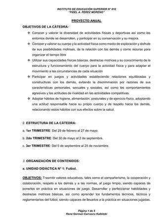 INSTITUTO DE EDUCACIÓN SUPERIOR N° 810
“FIDEL A. PÉREZ MORENO”
Página 1 de 5
Rene German Carrasco Kalbitzki
PROYECTO ANUAL
OBJETIVOS DE LA CÁTEDRA:
 Conocer y valorar la diversidad de actividades físicas y deportivas así como los
entornos donde se desarrollen, y participar en su conservación y su mejora.
 Conocer y valorar su cuerpo y la actividad física como medio de exploración y disfrute
de sus posibilidades motrices, de la relación con los demás y como recurso para
organizar el tiempo libre
 Utilizar sus capacidades físicas básicas, destrezas motrices y su conocimiento de la
estructura y funcionamiento del cuerpo para la actividad física y para adaptar el
movimiento a las circunstancias de cada situación
 Participar en juegos y actividades estableciendo relaciones equilibradas y
constructivas con los demás, evitando la discriminación por razones de sus
características personales, sexuales y sociales, así como los comportamientos
agresivos y las actitudes de rivalidad en las actividades competitivas.
 Adoptar hábitos de higiene, alimentación, posturales y de ejercicio físico, adoptando
una actitud responsable hacia su propio cuerpo y de respeto hacia los demás,
relacionando estos hábitos con sus efectos sobre la salud.
2. ESTRUCTURA DE LA CÁTEDRA:
a. 1er TRIMESTRE: Del 29 de febrero al 27 de mayo.
b. 2do TRIMESTRE: Del 30 de mayo al 2 de septiembre.
c. 3er TRIMESTRE: Del 5 de septiembre al 25 de noviembre.
3. ORGANIZACIÓN DE CONTENIDOS:
a. UNIDAD DIDÁCTICA N° 1: Futbol.
OBJETIVOS: Trasmitir valores educativos, tales como el compañerismo, la cooperación y
colaboración, respeto a los demás y a las normas, al juego limpio, siendo capaces de
ponerlos en práctica en situaciones de juego. Desarrollar y perfeccionar habilidades y
destrezas motrices básicas, así como aprender los fundamentos técnicos, tácticos y
reglamentarios del fútbol, siendo capaces de llevarlos a la práctica en situaciones jugadas.
 