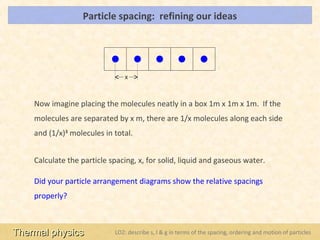 Particle spacing: refining our ideas                                               LOs




                               x


    Now imagine placing the molecules neatly in a box 1m x 1m x 1m. If the
    molecules are separated by x m, there are 1/x molecules along each side
    and (1/x)3 molecules in total.


    Calculate the particle spacing, x, for solid, liquid and gaseous water.

    Did your particle arrangement diagrams show the relative spacings
    properly?



Thermal physics             LO2: describe s, l & g in terms of the spacing, ordering and motion of particles
 