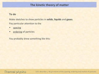 The kinetic theory of matter                                                   LOs




   To do

   Make sketches to show particles in solids, liquids and gases.
   Pay particular attention to the
   • spacing
   • ordering of particles

   You probably drew something like this:




Thermal physics              LO2: describe s, l & g in terms of the spacing, ordering and motion of particles
 