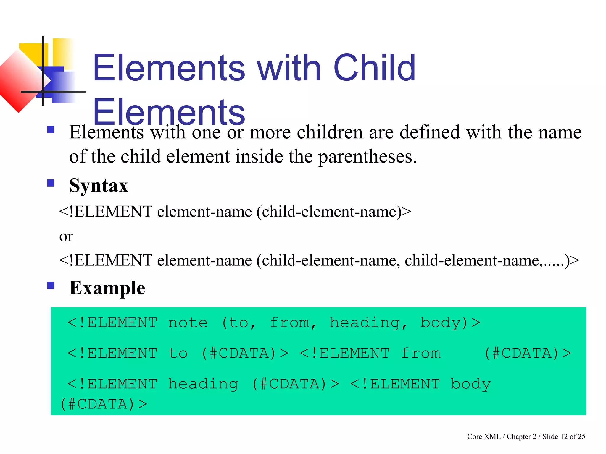 Core XML / Chapter 2 / Slide 12 of 25
Elements with Child
Elements Elements with one or more children are defined with the name
of the child element inside the parentheses.
 Syntax
<!ELEMENT element-name (child-element-name)>
or
<!ELEMENT element-name (child-element-name, child-element-name,.....)>
 Example
<!ELEMENT note (to, from, heading, body)>
<!ELEMENT to (#CDATA)> <!ELEMENT from (#CDATA)>
<!ELEMENT heading (#CDATA)> <!ELEMENT body
(#CDATA)>
 