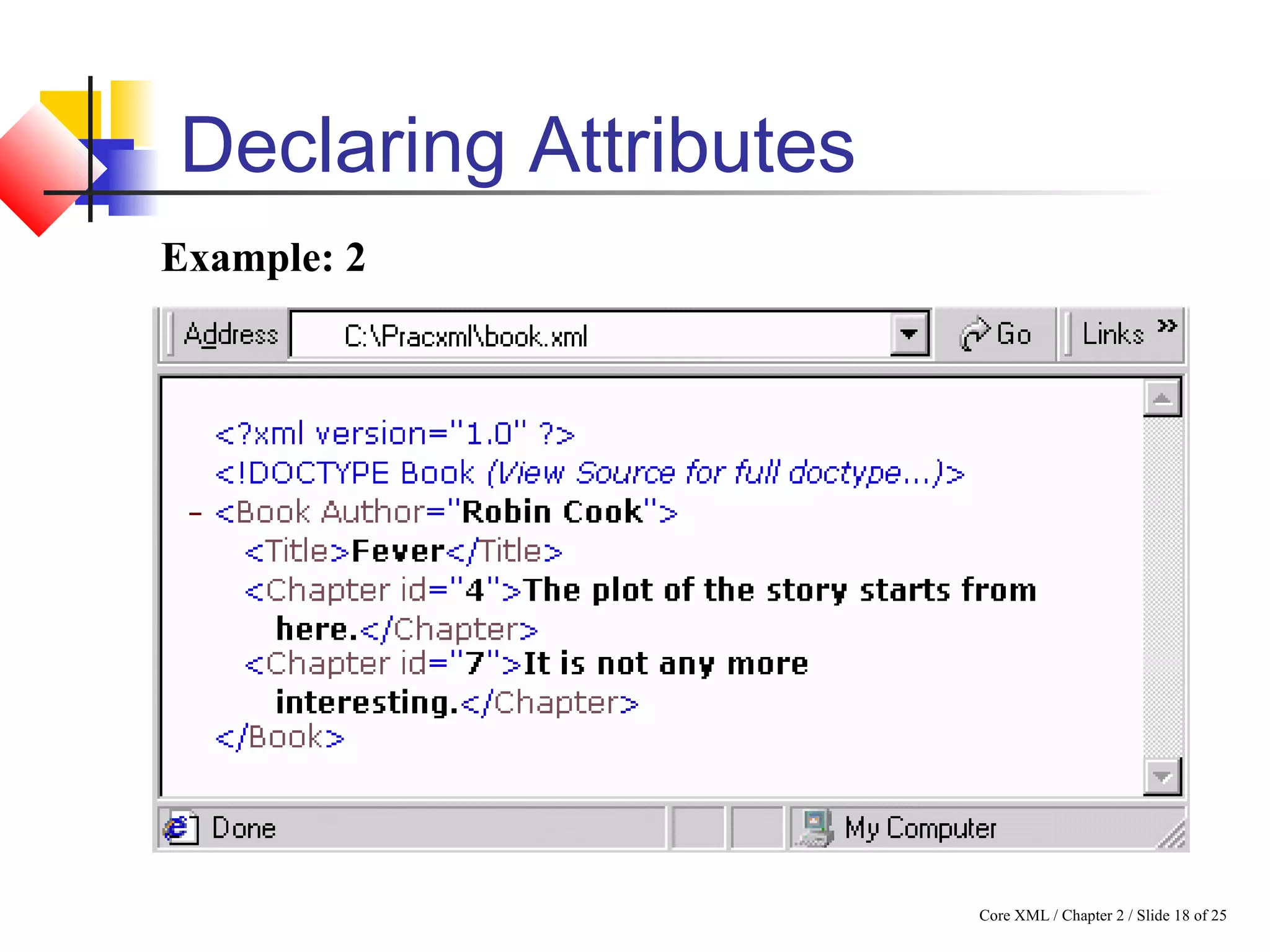 Core XML / Chapter 2 / Slide 18 of 25
Declaring Attributes
Example: 2
 