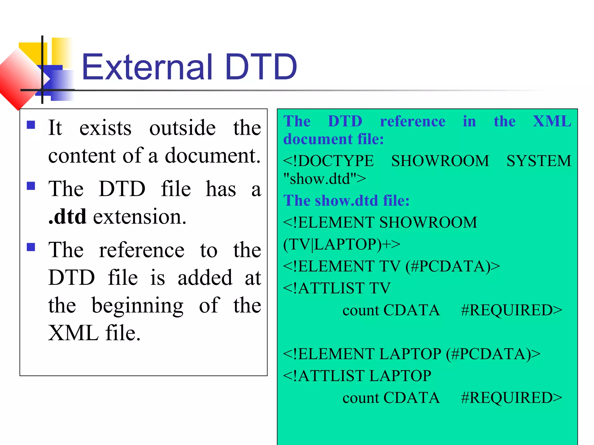 Core XML / Chapter 2 / Slide 22 of 25
External DTD
 It exists outside the
content of a document.
 The DTD file has a
.dtd extension.
 The reference to the
DTD file is added at
the beginning of the
XML file.
The DTD reference in the XML
document file:
<!DOCTYPE SHOWROOM SYSTEM
"show.dtd">
The show.dtd file:
<!ELEMENT SHOWROOM
(TV|LAPTOP)+>
<!ELEMENT TV (#PCDATA)>
<!ATTLIST TV
count CDATA #REQUIRED>
<!ELEMENT LAPTOP (#PCDATA)>
<!ATTLIST LAPTOP
count CDATA #REQUIRED>
 