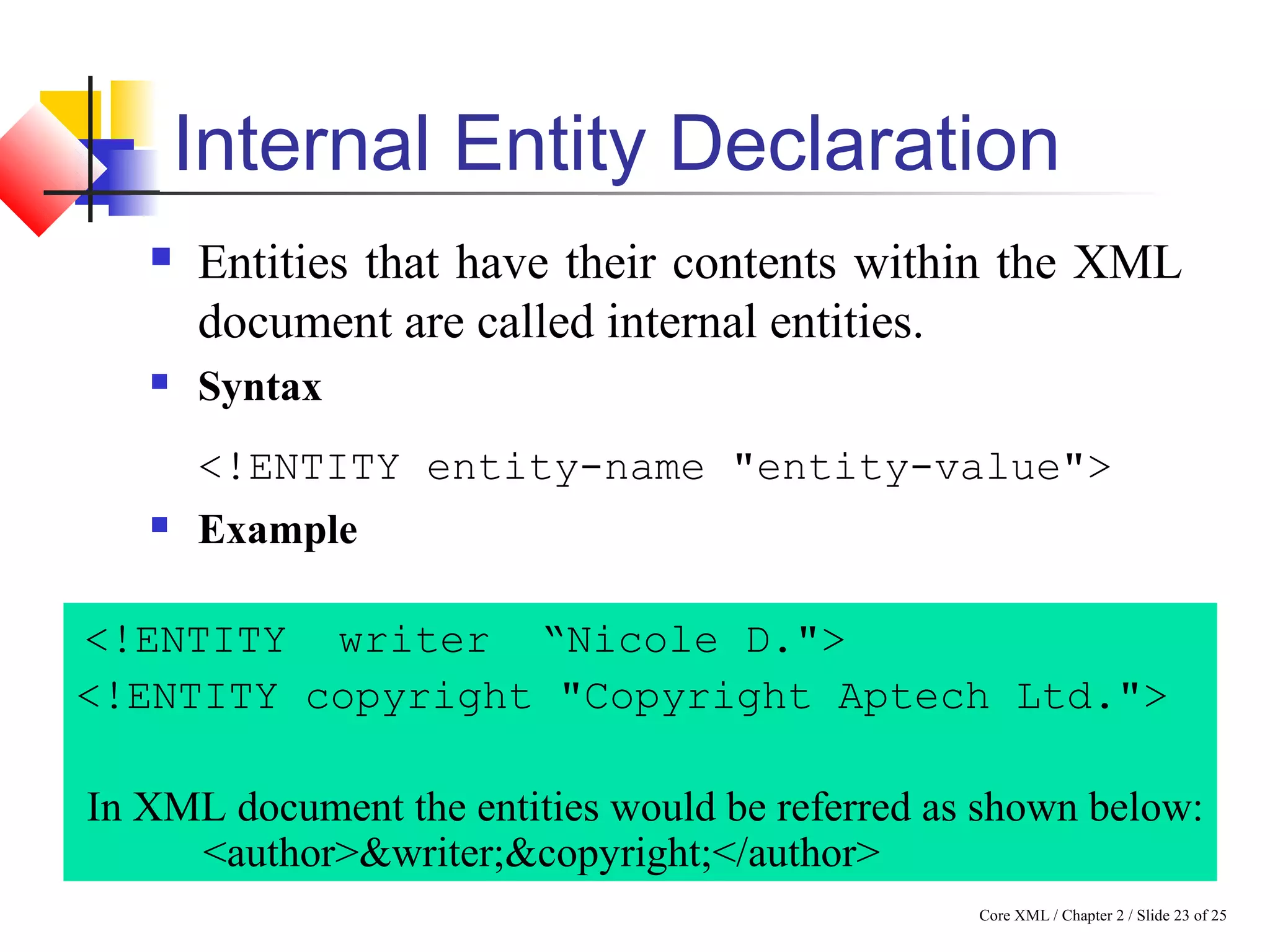 Core XML / Chapter 2 / Slide 23 of 25
Internal Entity Declaration
 Entities that have their contents within the XML
document are called internal entities.
 Syntax
<!ENTITY entity-name "entity-value">
 Example
<!ENTITY writer “Nicole D.">
<!ENTITY copyright "Copyright Aptech Ltd.">
In XML document the entities would be referred as shown below:
<author>&writer;&copyright;</author>
 