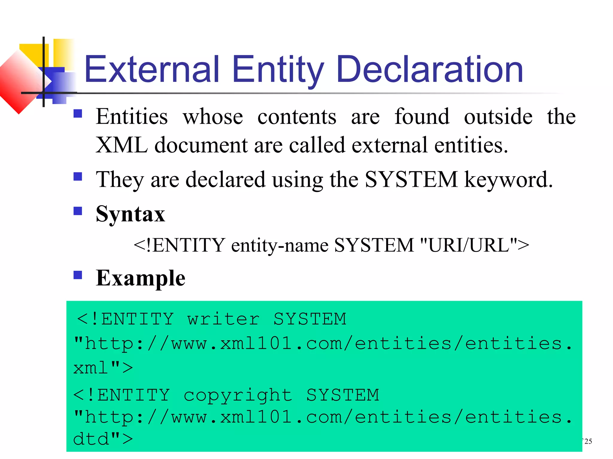 Core XML / Chapter 2 / Slide 24 of 25
External Entity Declaration
 Entities whose contents are found outside the
XML document are called external entities.
 They are declared using the SYSTEM keyword.
 Syntax
<!ENTITY entity-name SYSTEM "URI/URL">
 Example
<!ENTITY writer SYSTEM
"http://www.xml101.com/entities/entities.
xml">
<!ENTITY copyright SYSTEM
"http://www.xml101.com/entities/entities.
dtd">
 