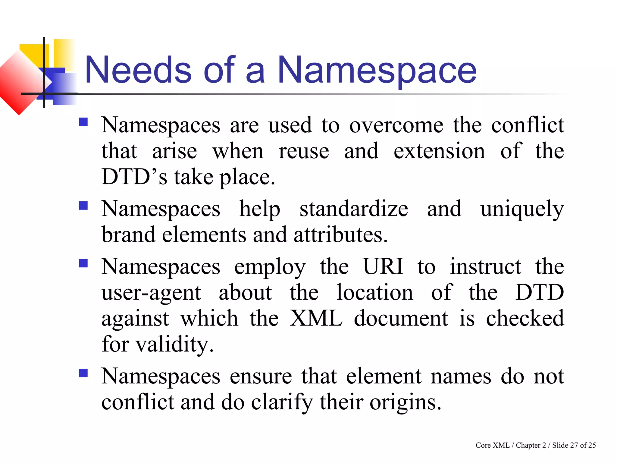 Core XML / Chapter 2 / Slide 27 of 25
Needs of a Namespace
 Namespaces are used to overcome the conflict
that arise when reuse and extension of the
DTD’s take place.
 Namespaces help standardize and uniquely
brand elements and attributes.
 Namespaces employ the URI to instruct the
user-agent about the location of the DTD
against which the XML document is checked
for validity.
 Namespaces ensure that element names do not
conflict and do clarify their origins.
 