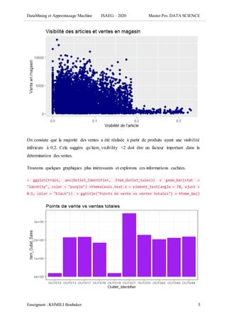 DataMining et Apprentissage Machine ISAEG – 2020 Master Pro. DATA SCIENCE
Enseignant : KHMILI Boubaker 5
On constate que la majorité des ventes a été réalisée à partir de produits ayant une visibilité
inférieure à 0,2. Cela suggère qu’item_visibility <2 doit être un facteur important dans la
détermination des ventes.
Trouvons quelques graphiques plus intéressants et explorons ces informations cachées.
> ggplot(train, aes(Outlet_Identifier, Item_Outlet_Sales)) + geom_bar(stat =
"identity", color = "purple") +theme(axis.text.x = element_text(angle = 70, vjust =
0.5, color = "black")) + ggtitle("Points de vente vs ventes totales") + theme_bw()
 