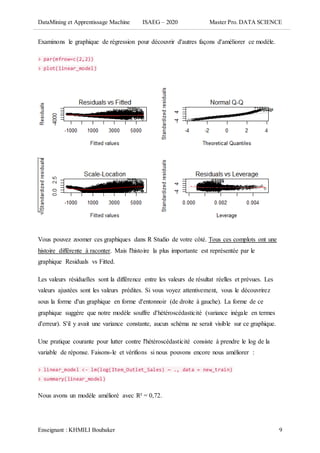 DataMining et Apprentissage Machine ISAEG – 2020 Master Pro. DATA SCIENCE
Enseignant : KHMILI Boubaker 9
Examinons le graphique de régression pour découvrir d'autres façons d'améliorer ce modèle.
> par(mfrow=c(2,2))
> plot(linear_model)
Vous pouvez zoomer ces graphiques dans R Studio de votre côté. Tous ces complots ont une
histoire différente à raconter. Mais l'histoire la plus importante est représentée par le
graphique Residuals vs Fitted.
Les valeurs résiduelles sont la différence entre les valeurs de résultat réelles et prévues. Les
valeurs ajustées sont les valeurs prédites. Si vous voyez attentivement, vous le découvrirez
sous la forme d'un graphique en forme d'entonnoir (de droite à gauche). La forme de ce
graphique suggère que notre modèle souffre d'hétéroscédasticité (variance inégale en termes
d'erreur). S'il y avait une variance constante, aucun schéma ne serait visible sur ce graphique.
Une pratique courante pour lutter contre l'hétéroscédasticité consiste à prendre le log de la
variable de réponse. Faisons-le et vérifions si nous pouvons encore nous améliorer :
> linear_model <- lm(log(Item_Outlet_Sales) ~ ., data = new_train)
> summary(linear_model)
Nous avons un modèle amélioré avec R² = 0,72.
 