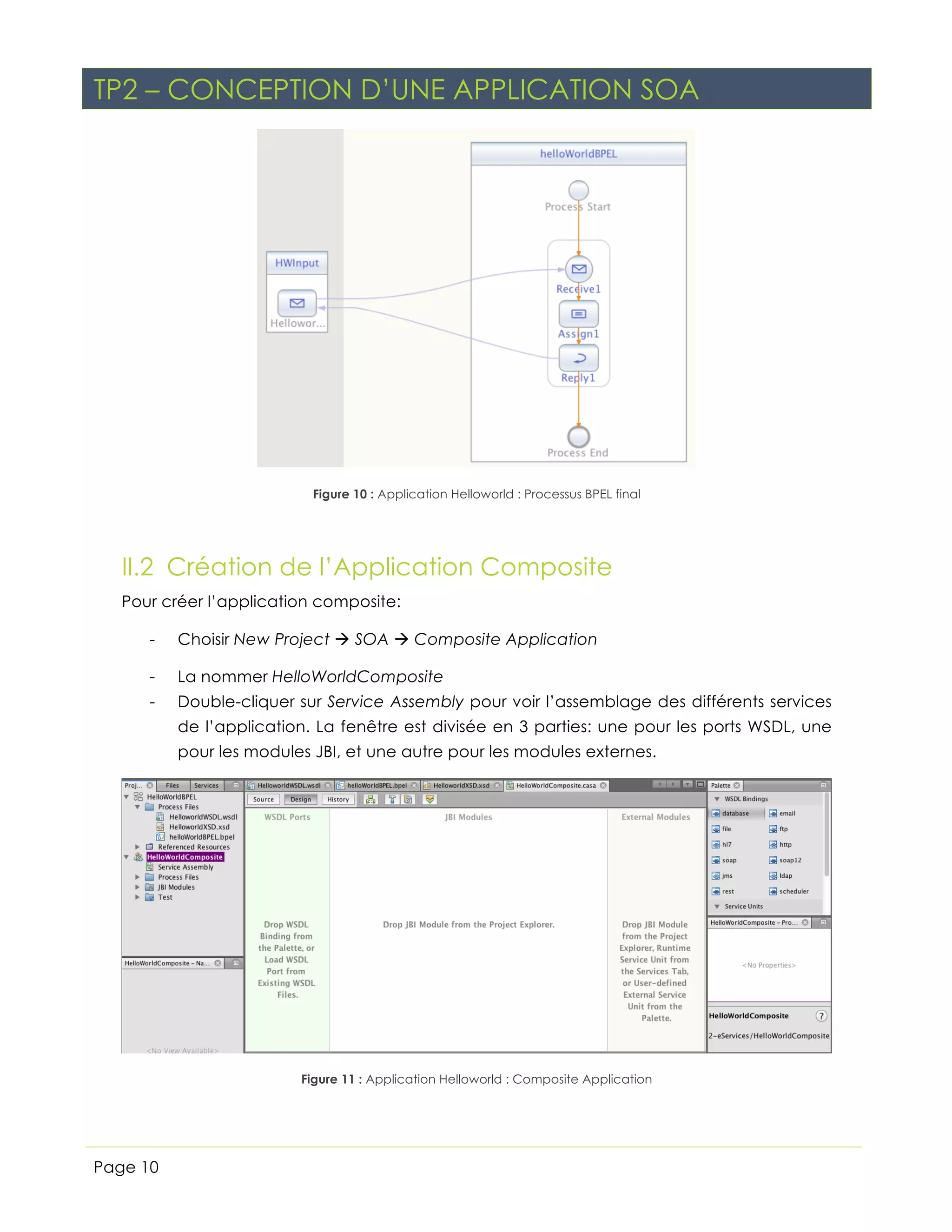 TP2 – CONCEPTION D’UNE APPLICATION SOA

Figure 10 : Application Helloworld : Processus BPEL final

II.2 Création de l’Application Composite
Pour créer l’application composite:
-

Choisir New Project à SOA à Composite Application

-

La nommer HelloWorldComposite

-

Double-cliquer sur Service Assembly pour voir l’assemblage des différents services
de l’application. La fenêtre est divisée en 3 parties: une pour les ports WSDL, une
pour les modules JBI, et une autre pour les modules externes.

Figure 11 : Application Helloworld : Composite Application

Page 10

 