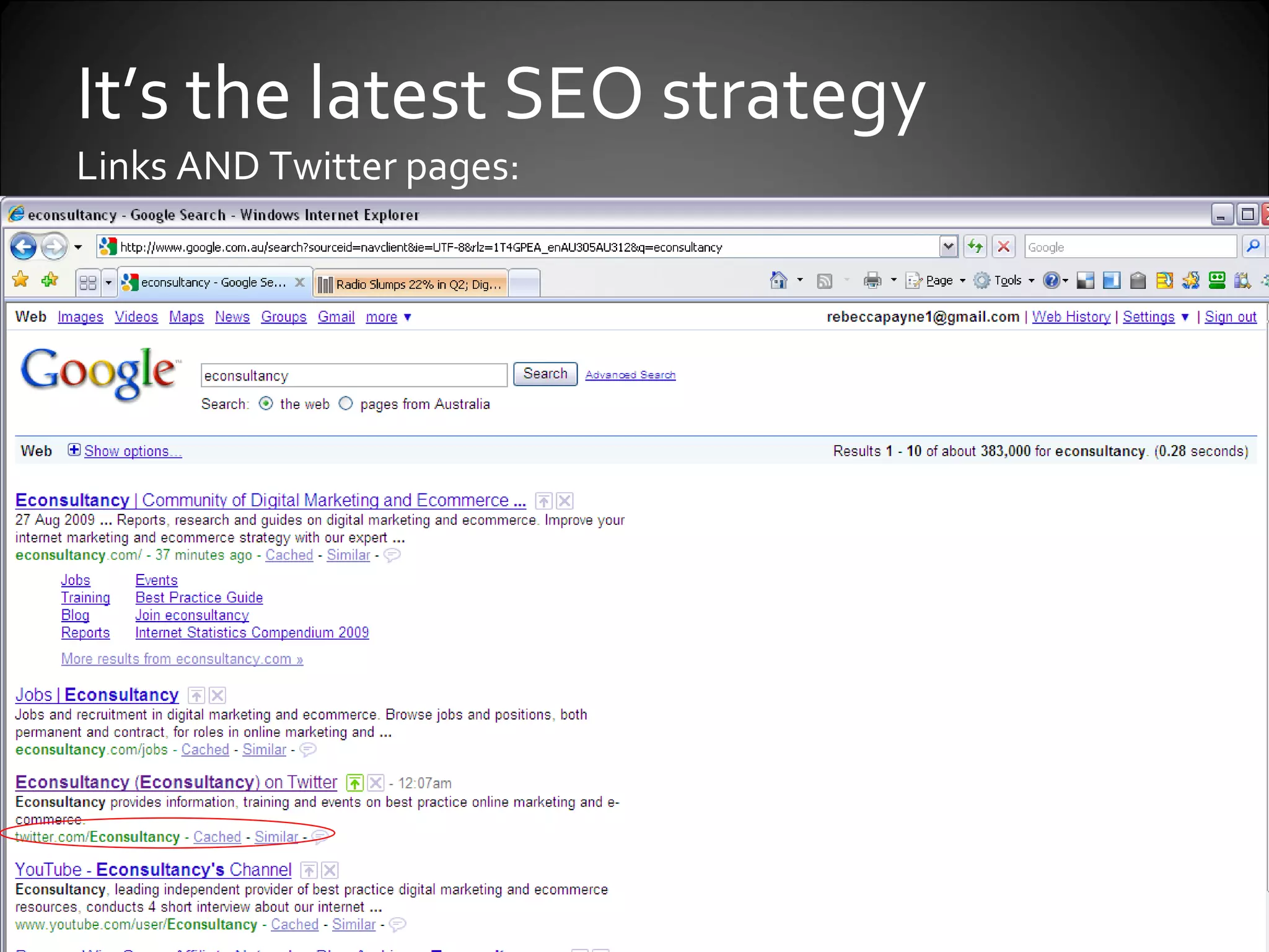 It’s the latest SEO strategy Links AND Twitter pages: 