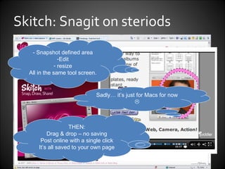 Skitch: Snagit on steriods - Snapshot defined area Edit resize All in the same tool screen. THEN: Drag & drop – no saving Post online with a single click It’s all saved to your own page Sadly… it’s just for Macs for now   