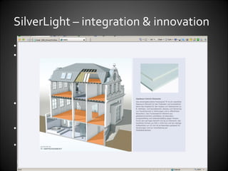 SilverLight – integration & innovation MicroSoft’s answer to Flash, update to PPT – and more Tries to cover all bases: pptPlex WebDev tools & auto publish to web Wireframing tools All integrated to improve workflows Pressos, video & websites converging? BUT Not cheap Not WYSYG IMHO Egs: http://www.xella.de/fermacell_villa/  villa http://www.idcorporate.com.ar  corporate site 