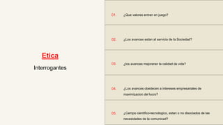 ¿Que valores entran en juego?
¿Los avances estan al servicio de la Sociedad?
¿los avances mejoraran la calidad de vida?
¿Campo cientifico-tecnologico, estan o no disociados de las
necesidades de la comunicad?
01.
02.
03.
04.
05.
Etica
¿Los avances obedecen a intereses empresariales de
maximizacion del lucro?
Interrogantes
 