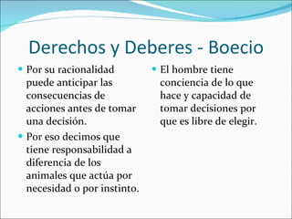 Derechos y Deberes - Boecio Por su racionalidad puede anticipar las consecuencias de acciones antes de tomar una decisión. Por eso decimos que tiene responsabilidad a diferencia de los animales que actúa por necesidad o por instinto. El hombre tiene conciencia de lo que hace y capacidad de tomar decisiones por que es libre de elegir. 