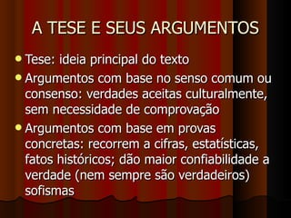 A TESE E SEUS ARGUMENTOS Tese: ideia principal do texto Argumentos com base no senso comum ou consenso: verdades aceitas culturalmente, sem necessidade de comprovação Argumentos com base em provas concretas: recorrem a cifras, estatísticas, fatos históricos; dão maior confiabilidade a verdade (nem sempre são verdadeiros) sofismas 