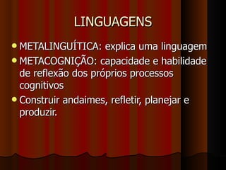 LINGUAGENS METALINGUÍTICA: explica uma linguagem METACOGNIÇÃO: capacidade e habilidade de reflexão dos próprios processos cognitivos Construir andaimes, refletir, planejar e produzir. 