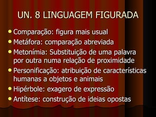 UN. 8 LINGUAGEM FIGURADA Comparação: figura mais usual Metáfora: comparação abreviada Metonímia: Substituição de uma palavra por outra numa relação de proximidade Personificação: atribuição de características humanas a objetos e animais Hipérbole: exagero de expressão Antítese: construção de ideias opostas 