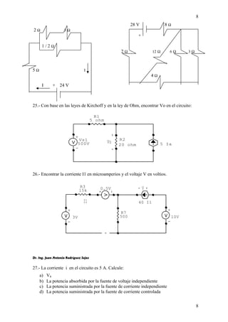 - V + 
0.5V 
Vs1 
500V 
I1 40 I1 
R7 
500 
+ 
- 
+ 
- 
3V 
+ 
- 
10V 
R3 
15k 
Vo 
+ 
- 
5 Ia 
R2 
20 ohm 
R1 
5 ohm 
+ 
- 
28 V 8 W 
2 W                         3 W 
+ 
1 / 2 W 
2 W                          12 W          6 W             3 W 
5 W                                               I 
4 W 
I + 24 V 
25.- Con base en las leyes de Kirchoff y en la ley de Ohm, encontrar Vo en el circuito: 
26.- Encontrar la corriente I1 en microamperios y el voltaje V en voltios. 
Dr. Ing. Juan Antonio Rodríguez Sejas 
27.- La corriente i en el circuito es 5 A. Calcule: 
a) Vs 
b) La potencia absorbida por la fuente de voltaje independiente 
c) La potencia suministrada por la fuente de corriente independiente 
d) La potencia suministrada por la fuente de corriente controlada 
8 
8 
 