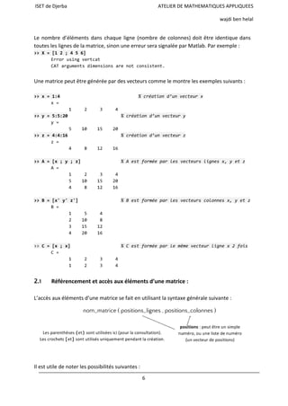 ISET de Djerba ATELIER DE MATHEMATIQUES APPLIQUEES
wajdi ben helal
Le nombre d’éléments dans chaque ligne (nombre de colonnes) doit être identique dans
toutes les lignes de la matrice, sinon une erreur sera signalée par Matlab. Par exemple :
>>X=[12;456]
Errorusingvertcat
CATargumentsdimensionsarenotconsistent.
Une matrice peut être générée par des vecteurs comme le montre les exemples suivants :
>>x=1:4 %créationd’unvecteurx
x=
1 2 3 4
>>y=5:5:20 %créationd’unvecteury
y=
5 10 15 20
>>z=4:4:16 %créationd’unvecteurz
z=
4 8 12 16
>>A=[x;y;z] %Aestforméeparlesvecteurslignesx,yetz
A=
1 2 3 4
5 10 15 20
4 8 12 16
>>B=[x'y'z'] %Bestforméeparlesvecteurscolonnesx,yetz
B=
1 5 4
2 10 8
3 15 12
4 20 16
>>C=[x;x] %Cestforméeparlemêmevecteurlignex2fois
C=
1 2 3 4
1 2 3 4
2.1 Référencement et accès aux éléments d’une matrice :
L’accès aux éléments d’une matrice se fait en utilisant la syntaxe générale suivante :
Il est utile de noter les possibilités suivantes :
6
 
 