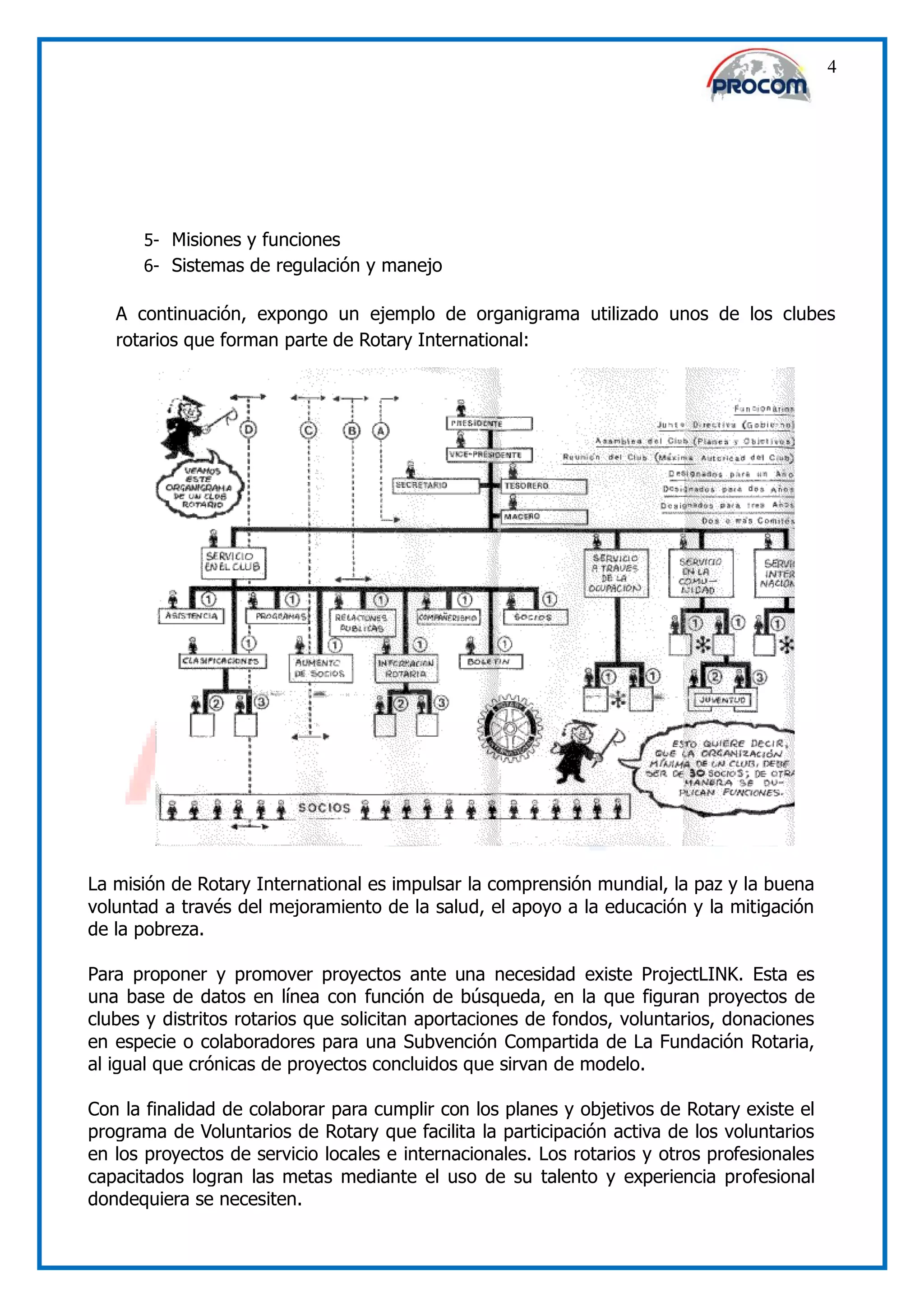 4




      5- Misiones y funciones
      6- Sistemas de regulación y manejo

   A continuación, expongo un ejemplo de organigrama utilizado unos de los clubes
   rotarios que forman parte de Rotary International:




La misión de Rotary International es impulsar la comprensión mundial, la paz y la buena
voluntad a través del mejoramiento de la salud, el apoyo a la educación y la mitigación
de la pobreza.

Para proponer y promover proyectos ante una necesidad existe ProjectLINK. Esta es
una base de datos en línea con función de búsqueda, en la que figuran proyectos de
clubes y distritos rotarios que solicitan aportaciones de fondos, voluntarios, donaciones
en especie o colaboradores para una Subvención Compartida de La Fundación Rotaria,
al igual que crónicas de proyectos concluidos que sirvan de modelo.

Con la finalidad de colaborar para cumplir con los planes y objetivos de Rotary existe el
programa de Voluntarios de Rotary que facilita la participación activa de los voluntarios
en los proyectos de servicio locales e internacionales. Los rotarios y otros profesionales
capacitados logran las metas mediante el uso de su talento y experiencia profesional
dondequiera se necesiten.
 