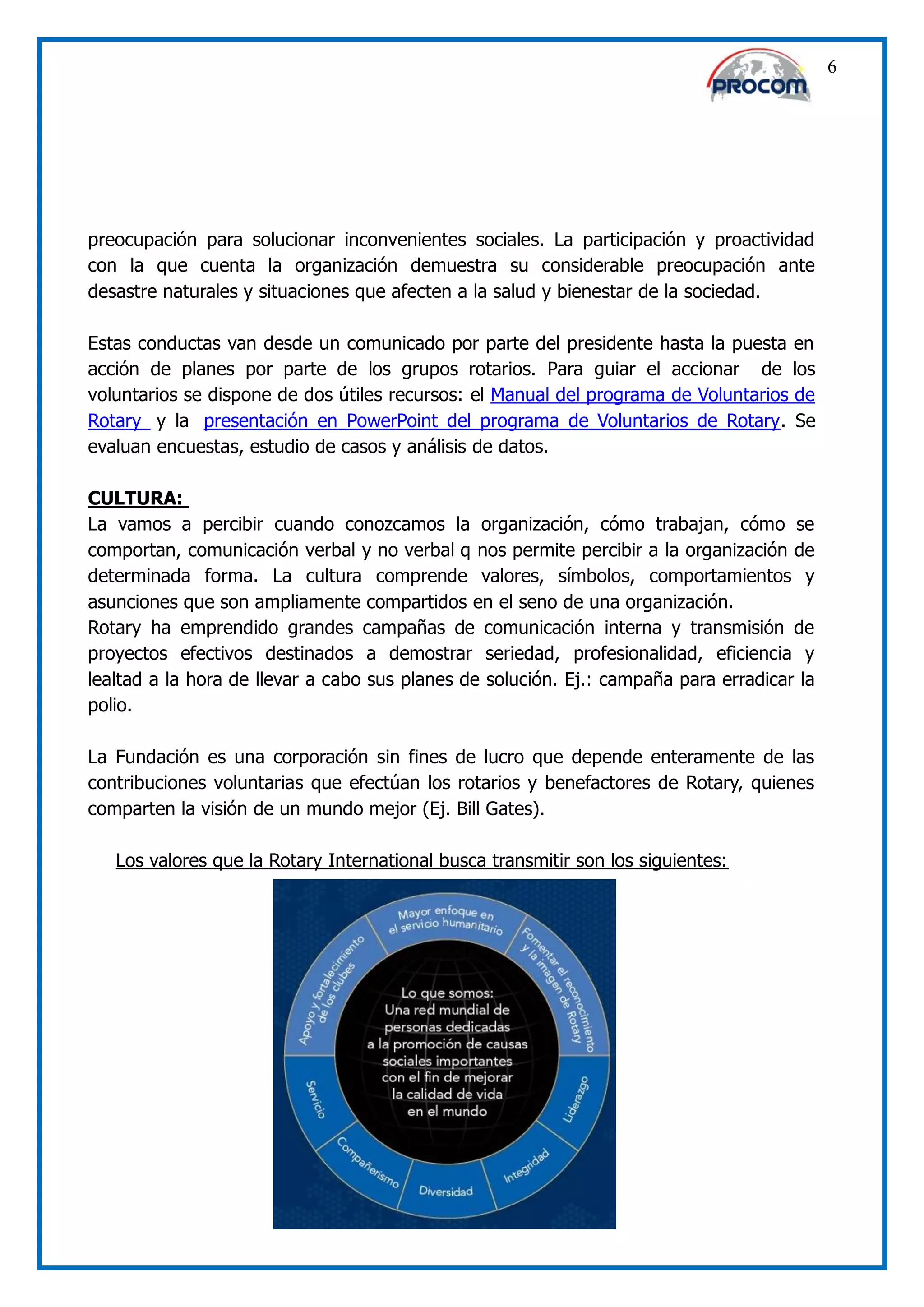 6




preocupación para solucionar inconvenientes sociales. La participación y proactividad
con la que cuenta la organización demuestra su considerable preocupación ante
desastre naturales y situaciones que afecten a la salud y bienestar de la sociedad.

Estas conductas van desde un comunicado por parte del presidente hasta la puesta en
acción de planes por parte de los grupos rotarios. Para guiar el accionar de los
voluntarios se dispone de dos útiles recursos: el Manual del programa de Voluntarios de
Rotary y la presentación en PowerPoint del programa de Voluntarios de Rotary. Se
evaluan encuestas, estudio de casos y análisis de datos.

CULTURA:
La vamos a percibir cuando conozcamos la organización, cómo trabajan, cómo se
comportan, comunicación verbal y no verbal q nos permite percibir a la organización de
determinada forma. La cultura comprende valores, símbolos, comportamientos y
asunciones que son ampliamente compartidos en el seno de una organización.
Rotary ha emprendido grandes campañas de comunicación interna y transmisión de
proyectos efectivos destinados a demostrar seriedad, profesionalidad, eficiencia y
lealtad a la hora de llevar a cabo sus planes de solución. Ej.: campaña para erradicar la
polio.

La Fundación es una corporación sin fines de lucro que depende enteramente de las
contribuciones voluntarias que efectúan los rotarios y benefactores de Rotary, quienes
comparten la visión de un mundo mejor (Ej. Bill Gates).

   Los valores que la Rotary International busca transmitir son los siguientes:
 
