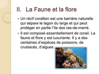 II. La Faune et la flore
 Un récif corallien est une barrière naturelle
  qui sépare le lagon du large et qui peut
  protéger en partie l’île des ras-de-marré.
 Il est composé essentiellement de corail. La
  faune et flore y est luxuriante. Il y a des
  centaines d’espèces de poissons, de
  crustacés, d’algues ...
 