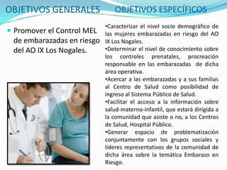 OBJETIVOS GENERALES
 Promover el Control MEL
de embarazadas en riesgo
del AO IX Los Nogales.
OBJETIVOS ESPECÍFICOS
•Caracterizar el nivel socio demográfico de
las mujeres embarazadas en riesgo del AO
IX Los Nogales.
•Determinar el nivel de conocimiento sobre
los controles prenatales, procreación
responsable en las embarazadas de dicha
área operativa.
•Acercar a las embarazadas y a sus familias
al Centro de Salud como posibilidad de
ingreso al Sistema Público de Salud.
•Facilitar el acceso a la información sobre
salud-materno-infantil, que estará dirigida a
la comunidad que asiste o no, a los Centros
de Salud, Hospital Público.
•Generar espacio de problematización
conjuntamente con los grupos sociales y
líderes representativos de la comunidad de
dicha área sobre la temática Embarazo en
Riesgo.
 