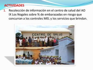 ACTIVIDADES
1. Recolección de información en el centro de salud del AO
IX Los Nogales sobre % de embarazadas en riesgo que
concurran a los controles MEL y los servicios que brindan.
 