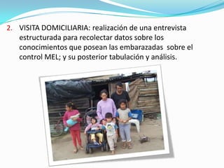 2. VISITA DOMICILIARIA: realización de una entrevista
estructurada para recolectar datos sobre los
conocimientos que posean las embarazadas sobre el
control MEL; y su posterior tabulación y análisis.
 