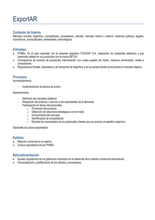 ExportAR
Contexto de Interés
Mercado mundial, Argentina, competidores, proveedores, clientes, mercado interno y externo, sistemas políticos, legales,
económicos, socioculturales, ambientales y tecnológicos.


Entradas:
    PYMEs: Es el caso expuesto con la empresa argentina TOVLENT S.A. (reposición de autopartes plásticas) y que
    desarrolla calidad en sus productos con la marca RETOV
    Cronogramas de eventos de proyección internacional: Los cuales pueden ser ferias, misiones comerciales, visitas a
    compradores.
    Regulaciones fiscales, aduaneras y de transporte de Argentina y de los países donde se encuentra el mercado objetivo.


Procesos:
Acompañamiento:

    -   Implementación de planes de acción.

Asesoramiento:

    -   Definición de mercados objetivos
    -   Adaptación del producto o servicio a las necesidades de la demanda
    -   Participación en ferias internacionales
             o Promoción del producto
             o Obtención de relaciones estratégicas con el medio
             o Conocimiento del mercado
             o Identificación de competidores
             o Estudiar las necesidades de los potenciales clientes que se acercan al pabellón argentino.

Desarrollo de cultura exportadora


Salidas:
    Relación comercial en el exterior.
    Cultura exportadora de las PYMEs


Retroalimentación
    Ajustes regulatorios de los gobiernos implicados en el desarrollo de la relación comercial internacional.
    Personalización y perfilamiento de los clientes y proveedores.
 