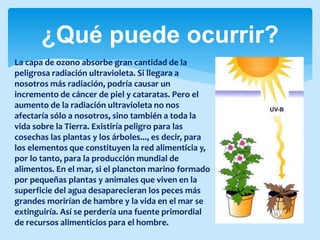 ¿Qué puede ocurrir?
La capa de ozono absorbe gran cantidad de la
peligrosa radiación ultravioleta. Si llegara a
nosotros más radiación, podría causar un
incremento de cáncer de piel y cataratas. Pero el
aumento de la radiación ultravioleta no nos
afectaría sólo a nosotros, sino también a toda la
vida sobre la Tierra. Existiría peligro para las
cosechas las plantas y los árboles..., es decir, para
los elementos que constituyen la red alimenticia y,
por lo tanto, para la producción mundial de
alimentos. En el mar, si el plancton marino formado
por pequeñas plantas y animales que viven en la
superficie del agua desaparecieran los peces más
grandes morirían de hambre y la vida en el mar se
extinguiría. Así se perdería una fuente primordial
de recursos alimenticios para el hombre.
 