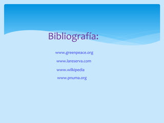Bibliografía:
www.greenpeace.org
www.lareserva.com
www.wilkipedia
www.pnuma.org
 