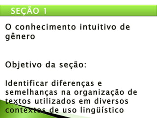 O conhecimento intuitivo de gênero Objetivo da seção: Identificar diferenças e semelhanças na organização de textos utilizados em diversos contextos de uso lingüístico SEÇÃO 1 