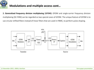 13 November 2019, GNDU, Amritsar Term-paper presentation
GNDU
2. Generalized frequency division multiplexing (GFDM): OFDM and single-carrier frequency division
multiplexing (SC-FDM) can be regarded as two special cases of GFDM. The unique feature of GFDM is to
use circular shifted filters instead of linear filters that are used in FBMC, to perform pulse shaping.
Modulations and multiple access cont…
 