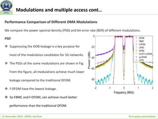 13 November 2019, GNDU, Amritsar Term-paper presentation
GNDU
Performance Comparison of Different OMA Modulations
We compare the power spectral density (PSD) and bit-error rate (BER) of different modulations.
PSD:
 Suppressing the OOB leakage is a key purpose for
most of the modulation candidates for 5G networks.
 The PSDs of the some modulations are shown in Fig.
From the figure, all modulations achieve much lower
leakage compared to the traditional OFDM.
 f-OFDM have the lowest leakage.
 So FBMC and f-OFDM, can achieve much better
performance than the traditional OFDM.
Modulations and multiple access cont…
 