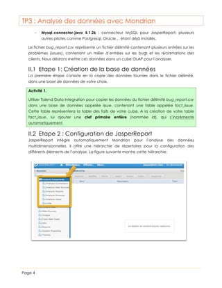 TP3 : Analyse des données avec Mondrian
-

Mysql-connector-java 5.1.26 : connecteur MySQL pour JasperReport, plusieurs
autres pilotes comme Postgresql, Oracle… étant déjà installés.

Le fichier bug_report.csv représente un fichier délimité contenant plusieurs entrées sur les
problèmes (issues), contenant un millier d’entrées sur les bugs et les réclamations des
clients. Nous désirons mettre ces données dans un cube OLAP pour l’analyser.

II.1 Etape 1: Création de la base de données
La première étape consiste en la copie des données fournies dans le fichier délimité,
dans une base de données de votre choix.
Activité 1.
Utiliser Talend Data Integration pour copier les données du fichier délimité bug_report.csv
dans une base de données appelée issue, contenant une table appelée fact_issue.
Cette table représentera la table des faits de votre cube. A la création de votre table
fact_issue, lui ajouter une clef primaire entière (nommée id), qui s’incrémente
automatiquement.

II.2 Etape 2 : Configuration de JasperReport
JasperReport

intègre

automatiquement

Mondrian

pour

l’analyse

des

données

multidimensionnelles. Il offre une hiérarchie de répertoires pour la configuration des
différents éléments de l’analyse. La figure suivante montre cette hiérarchie:

Page 4

 