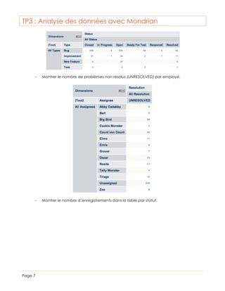 TP3 : Analyse des données avec Mondrian

-

-

Page 7

Montrer le nombre de problèmes non résolus (UNRESOLVED) par employé.

Montrer le nombre d’enregistrements dans la table par statut.

 