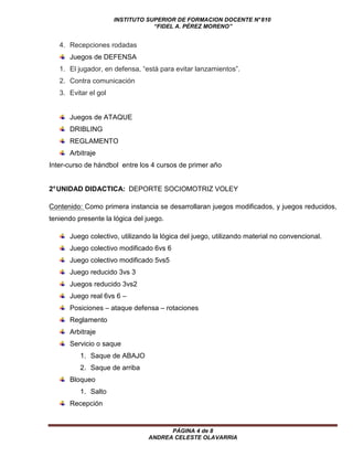 INSTITUTO SUPERIOR DE FORMACION DOCENTE N° 810 
“FIDEL A. PÉREZ MORENO” 
PÁGINA 4 de 8 
ANDREA CELESTE OLAVARRIA 
4. Recepciones rodadas 
Juegos de DEFENSA 
1. El jugador, en defensa, “está para evitar lanzamientos”. 
2. Contra comunicación 
3. Evitar el gol 
Juegos de ATAQUE 
DRIBLING 
REGLAMENTO 
Arbitraje 
Inter-curso de hándbol entre los 4 cursos de primer año 
2° UNIDAD DIDACTICA: DEPORTE SOCIOMOTRIZ VOLEY 
Contenido: Como primera instancia se desarrollaran juegos modificados, y juegos reducidos, 
teniendo presente la lógica del juego. 
Juego colectivo, utilizando la lógica del juego, utilizando material no convencional. 
Juego colectivo modificado 6vs 6 
Juego colectivo modificado 5vs5 
Juego reducido 3vs 3 
Juegos reducido 3vs2 
Juego real 6vs 6 – 
Posiciones – ataque defensa – rotaciones 
Reglamento 
Arbitraje 
Servicio o saque 
1. Saque de ABAJO 
2. Saque de arriba 
Bloqueo 
1. Salto 
Recepción 
 