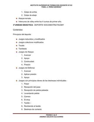 INSTITUTO SUPERIOR DE FORMACION DOCENTE N° 810 
“FIDEL A. PÉREZ MORENO” 
PÁGINA 5 de 8 
ANDREA CELESTE OLAVARRIA 
1. Golpe de arriba 
2. Golpe de abajo 
Ataque-remate 
Intercurso de vóley entre los 4 cursos de primer año. 
3° UNIDAD DIDACTICA: DEPORTE SOCIOMOTRIZ RUGBY 
Contenidos: 
Principios del deporte: 
Juegos reducidos y modificados 
Juegos colectivos modificados 
Tocata 
Tackleata 
Juegos de Ataque: 
1. Avanzar 
2. Apoyo 
3. Continuidad 
4. Presión 
Juegos de Defensa: 
1. Avanzar 
2. Aplicar presión 
3. Apoyo 
Juegos con principios claves de las destrezas individuales : 
1. Pasar 
2. Recepción del pase 
3. Recepción de pelota pateada 
4. Levantando pelota 
5. Carrera 
6. El drop 
7. Tackle – 
8. Recibiendo el tackle 
9. Destreza de contacto 
 