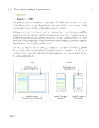 TP3 : Éléments Graphiques Avancés : Fragments & Menus
Page 2
I. Fragments
I.1 Définition et Utilité
Un fragment représente un comportement ou une portion d’interface utilisateur dans une activité. Il
est possible de combiner plusieurs fragments dans une seule activité pour construire une interface
à plusieurs panneaux, et réutiliser un fragment dans plusieurs activités.
Un fragment a son propre cycle de vie, reçoit ses propres entrées et peut être ajouté, modifié ou
supprimé de manière dynamique. Il est toujours inclus dans une activité, et son cycle de vie est
directement affecté par celui de l’activité qui le contient. Tant que l’activité conteneur est en état
d’exécution, le fragment peut être manipulé de manière indépendante (ajouté, modifié ou supprimé).
Mais si l’activité est détruite, le fragment l’est aussi.
A la base, les fragments ont été créés pour supporter la conception d’interfaces graphiques
flexibles sur des écrans de tailles différentes, et permettre ainsi aux appareils dont la taille d’écran
est plus importante (comme les tablettes) de profiter de cet espace pour combiner et inter-changer
des composants graphiques.
 