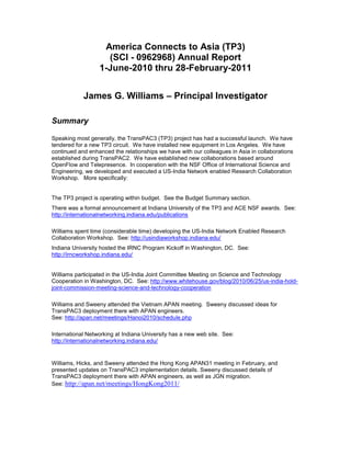America Connects to Asia (TP3)<br />(SCI - 0962968) Annual Report1-3011-<br />1-June-2010 thru 28-February-2011<br />James...