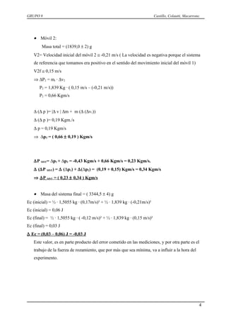 GRUPO 8                                                                   Castillo, Colautti, Macarrone.




   •   Móvil 2:
        Masa total = (1839,0 ± 2) g
   V2= Velocidad inicial del móvil 2 ≅ -0,21 m/s ( La velocidad es negativa porque el sistema
   de referencia que tomamos era positivo en el sentido del movimiento inicial del móvil 1)
   V2f ≅ 0,15 m/s
   ⇒ ∆P2 = mt · ∆v2
       P2 = 1,839 Kg · ( 0,15 m/s – (-0,21 m/s))
       P2 = 0,66 Kgm/s


   ∆ (∆ p )= |∆ v | ∆m + m (∆ (∆v1))
   ∆ (∆ p )= 0,19 Kgm./s
   ∆ p = 0,19 Kgm/s
   ⇒ ∆p2 = ( 0,66 ± 0,19 ) Kgm/s




   ∆P SIST= ∆p1 + ∆p2 = -0,43 Kgm/s + 0,66 Kgm/s = 0,23 Kgm/s.
   ∆ (∆P SIST) = ∆ (∆p1) + ∆(∆p2) = (0,19 + 0,15) Kgm/s = 0,34 Kgm/s
   ⇒ ∆ P SIST = ( 0,23 ± 0,34 ) Kgm/s


   •   Masa del sistema final = ( 3344,5 ± 4) g
Ec (inicial) = ½ · 1,5055 kg · (0,17m/s)² + ½ · 1,839 kg · (-0,21m/s)²
Ec (inicial) = 0,06 J
Ec (final) = ½ · 1,5055 kg · ( -0,12 m/s)² + ½ · 1,839 kg · (0,15 m/s)²
Ec (final) = 0,03 J
∆ Ec = (0,03 – 0,06) J = -0,03 J
   Este valor, es en parte producto del error cometido en las mediciones, y por otra parte es el
   trabajo de la fuerza de rozamiento, que por más que sea mínima, va a influir a la hora del
   experimento.




                                                                                                       4
 