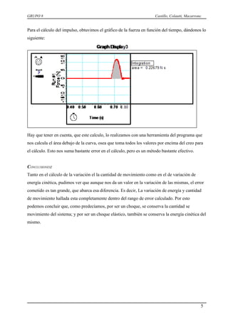 GRUPO 8                                                               Castillo, Colautti, Macarrone.


Para el cálculo del impulso, obtuvimos el gráfico de la fuerza en función del tiempo, dándonos lo
siguiente:




Hay que tener en cuenta, que este calculo, lo realizamos con una herramienta del programa que
nos calcula el área debajo de la curva, osea que toma todos los valores por encima del creo para
el cálculo. Esto nos suma bastante error en el cálculo, pero es un método bastante efectivo.


CONCLUSIONES:
Tanto en el cálculo de la variación el la cantidad de movimiento como en el de variación de
energía cinética, pudimos ver que aunque nos da un valor en la variación de las mismas, el error
cometido es tan grande, que abarca esa diferencia. Es decir, La variación de energía y cantidad
de movimiento hallada esta completamente dentro del rango de error calculado. Por esto
podemos concluir que, como predecíamos, por ser un choque, se conserva la cantidad se
movimiento del sistema; y por ser un choque elástico, también se conserva la energía cinética del
mismo.




                                                                                                   5
 