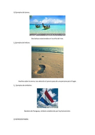 1) Ejemplosde íconos:
Dos balsas estacionadas en la orilla del mar.
2_Ejemplosde índices:
Huellas sobre la arena; nos advierte el previo paso de una persona por el lugar.
3_ Ejemplosde símbolos:
Bandera de Paraguay, símbolo establecido por ley/convención.
2) REPRESENTAMEN:
 