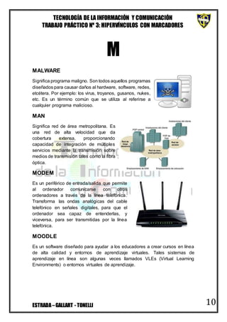 TECNOLOGÍA DE LA INFORMACIÓN Y COMUNICACIÓN
TRABAJO PRÁCTICO Nº 3: HIPERVÍNCULOS CON MARCADORES
ESTRADA–GALLART - TONELLI 10
M
MALWARE
Significa programa maligno. Son todos aquellos programas
diseñados para causar daños al hardware, software, redes,
etcétera. Por ejemplo: los virus, troyanos, gusanos, nukes,
etc. Es un término común que se utiliza al referirse a
cualquier programa malicioso.
MAN
Significa red de área metropolitana. Es
una red de alta velocidad que da
cobertura extensa, proporcionando
capacidad de integración de múltiples
servicios mediante la transmisión sobre
medios de transmisión tales como la fibra
óptica.
MODEM
Es un periférico de entrada/salida que permite
al ordenador comunicarse con otros
ordenadores a través de la línea telefónica.
Transforma las ondas analógicas del cable
telefónico en señales digitales, para que el
ordenador sea capaz de entenderlas, y
viceversa, para ser transmitidas por la línea
telefónica.
MOODLE
Es un software diseñado para ayudar a los educadores a crear cursos en línea
de alta calidad y entornos de aprendizaje virtuales. Tales sistemas de
aprendizaje en línea son algunas veces llamados VLEs (Virtual Learning
Environments) o entornos virtuales de aprendizaje.
 