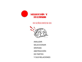 SELECCIÓN Y
FILTRADO
 
DI SEÑOCONTENI DO
ANALIZAR
SELECCIONAR
SÍNTESIS
ABSTRACCIÓN
DE PARTES
Y SUS RELACIONES
 