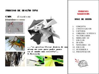  
ANALISIS
SELECCIÓN
BASE DE DATOS
. . . "es preci so l l evar dent ro de uno
mi smo un caos para poder poner
en el mundo una est rel l a“…
F. Ni et zsche
CAOS di na mi s mo
f l ui de z
 
PROCESO DE DISEÑO TPN1
1. CONCEPTO
2. I NVESTI GACI ON
3. CAPTURAS
4. I MÁGENES SI NTESI S
5. VECTORI ZADOS
6. MODELADO 3D
7. EDI CI ON
8. DI SEÑO
9. NAVEGABLE 3D
10. EDI CI ON
11. HI PERMEDI A
12. PRESENTACI ON
 